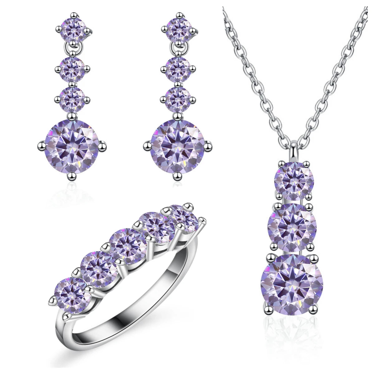 Graduated Moissanite Necklace, Drop Earrings & Ring Set - Light purple set