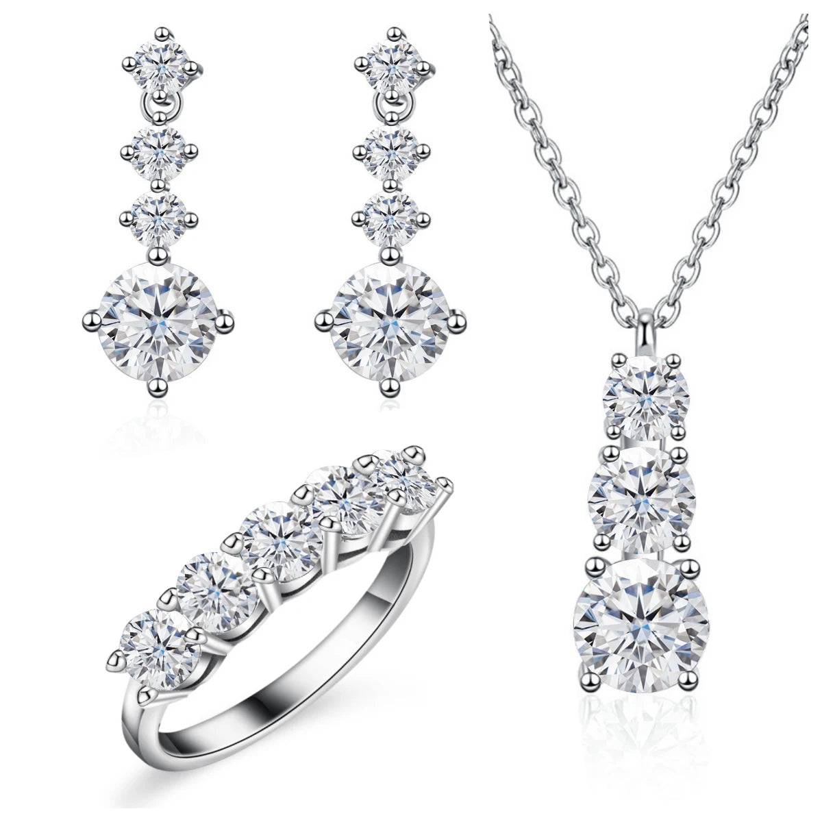 Graduated Moissanite Necklace, Drop Earrings & Ring Set - White set