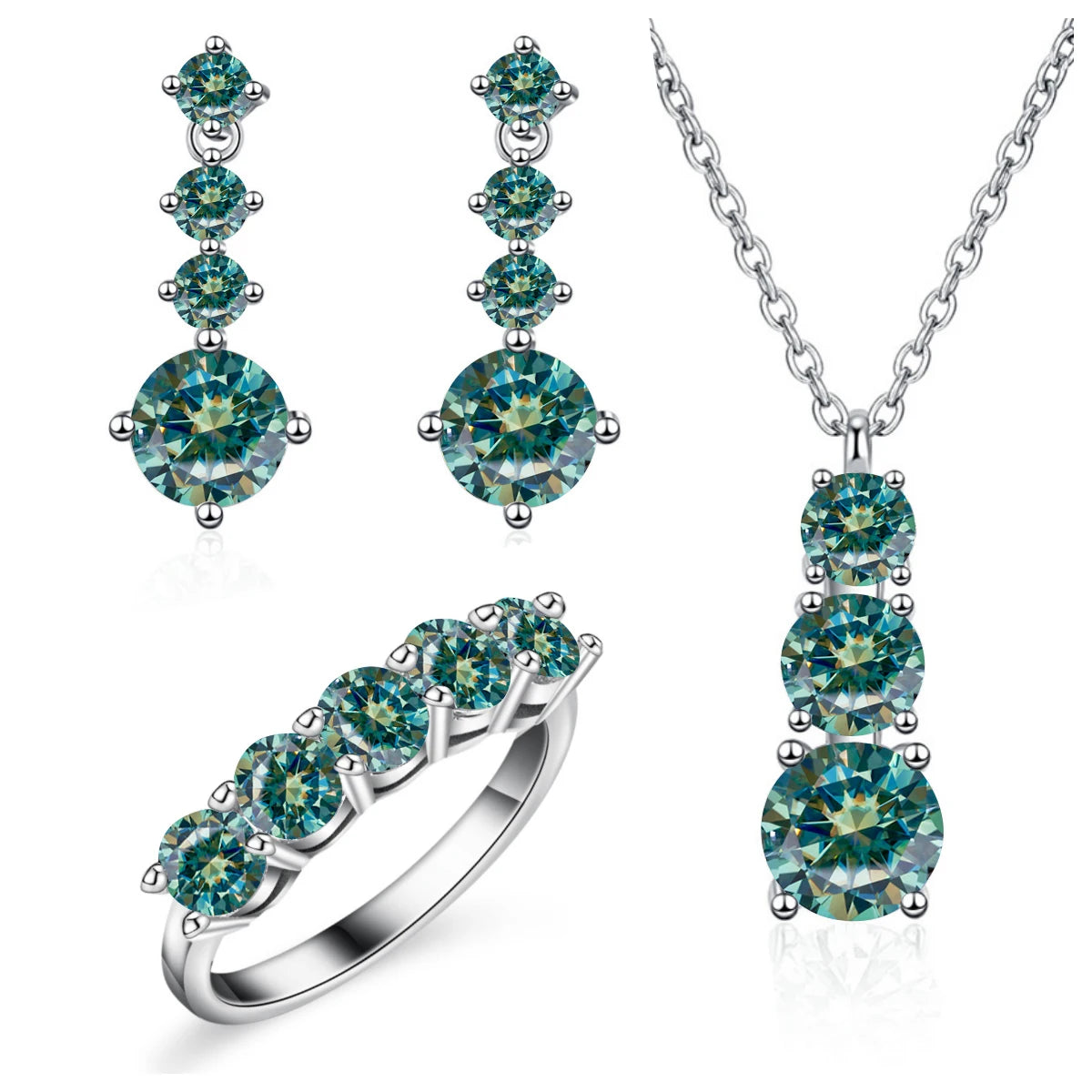 Graduated Moissanite Necklace, Drop Earrings & Ring Set - Blue green complete set
