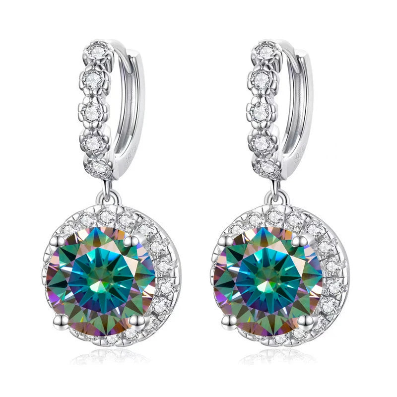 Colored Round Halo Moissanite Hoop Drop Earrings — Rainbow