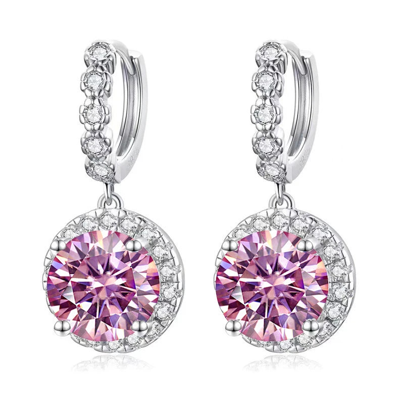 Colored Round Halo Moissanite Hoop Drop Earrings — Pink