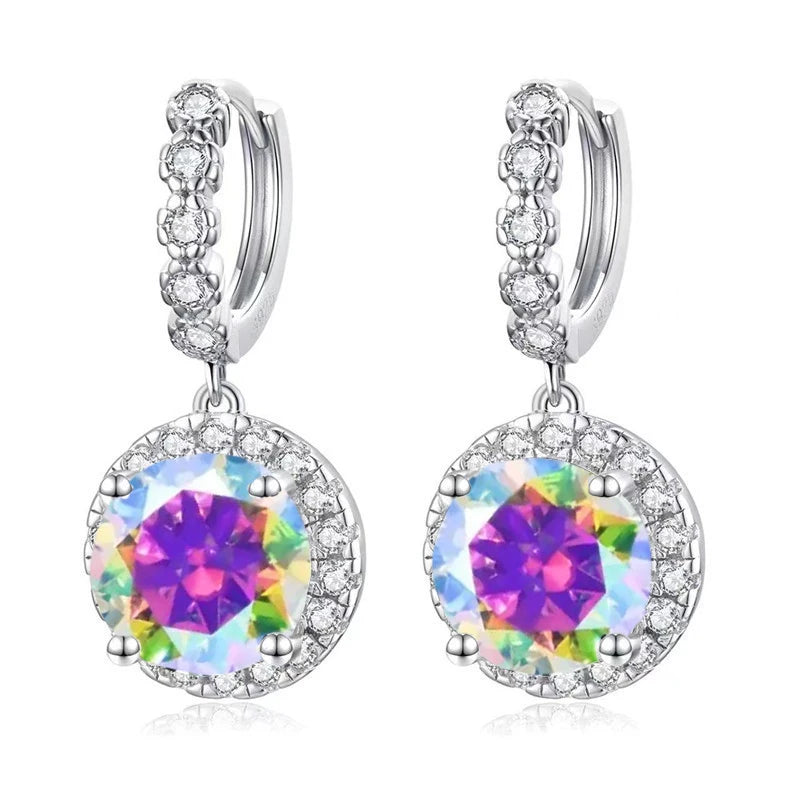 Colored Round Halo Moissanite Hoop Drop Earrings — Multicolor
