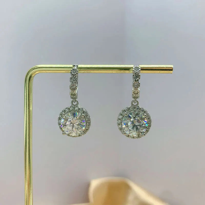 Colored Round Halo Moissanite Hoop Drop Earrings — Pair hanging on stand