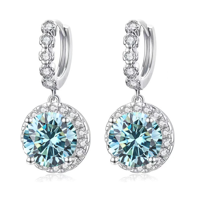 Colored Round Halo Moissanite Hoop Drop Earrings — Blue