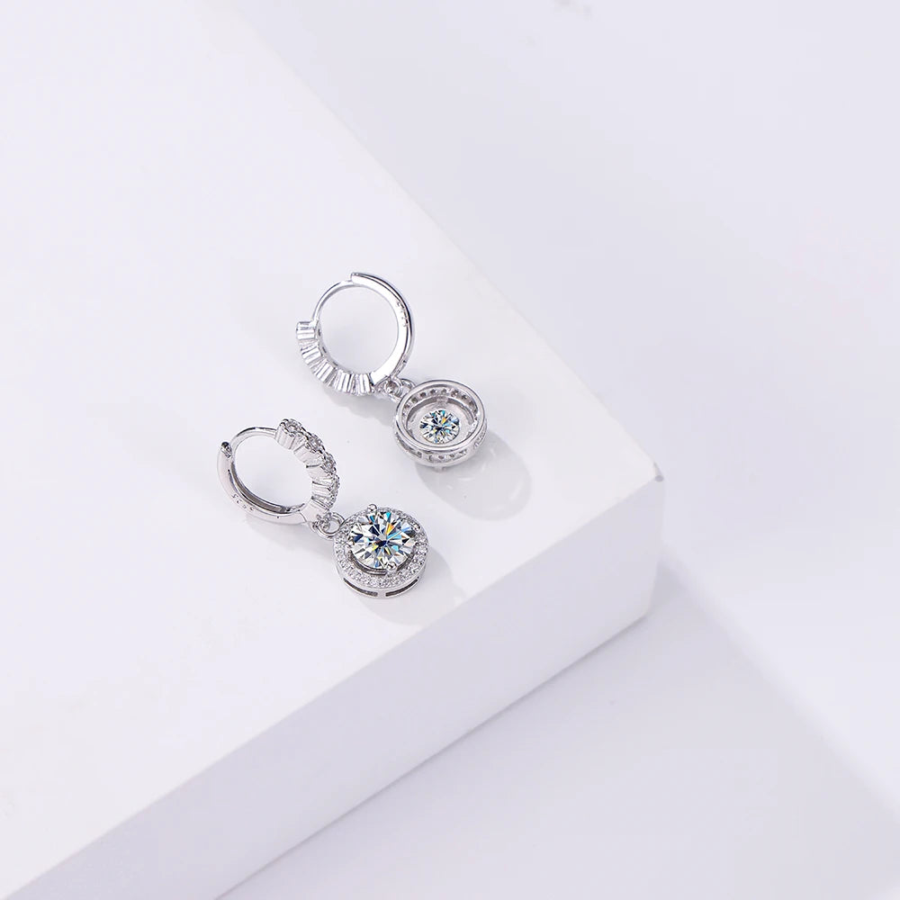 Colored Round Halo Moissanite Hoop Drop Earrings — Rear view and hinged closures