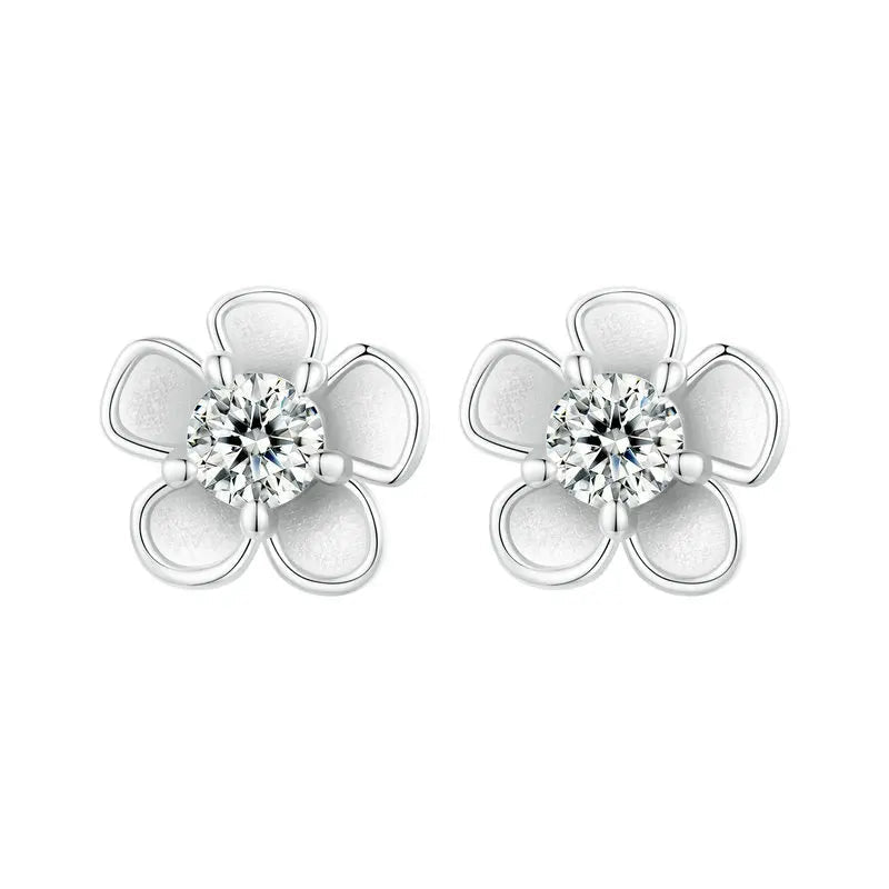 Sakura Blossom Moissanite Screw-Back Stud Earrings — Sakura flowers from front