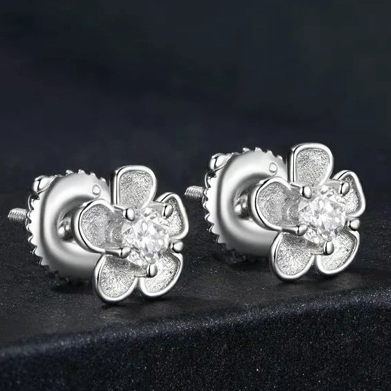 Sakura Blossom Moissanite Screw-Back Stud Earrings — Flower pair and backs