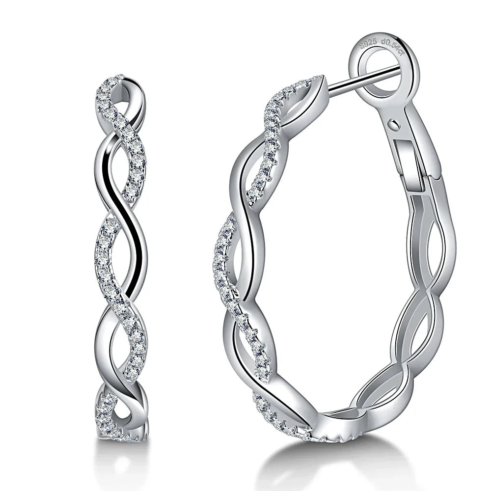 Twisted Infinity Moissanite Hoop Earrings in Sterling Silver — Twisted hoop front and side
