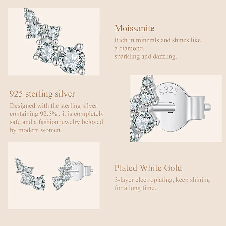 Graduated Bubble Moissanite Climber Stud Earrings in Silver — Setting material detail