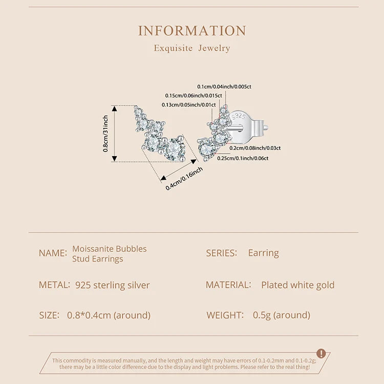 Graduated Bubble Moissanite Climber Stud Earrings in Silver — Measurement guide