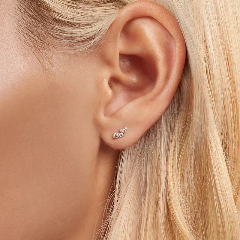 Graduated Bubble Moissanite Climber Stud Earrings in Silver — Climber styling on ear