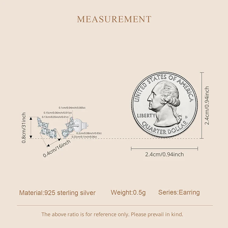 Graduated Bubble Moissanite Climber Stud Earrings in Silver — Scale comparison beside coin