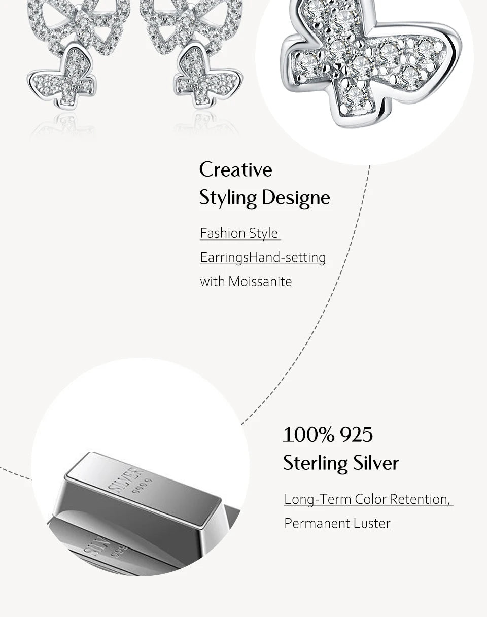 Double Butterfly Moissanite Stud Earrings in Sterling Silver - Sterling silver setting detail