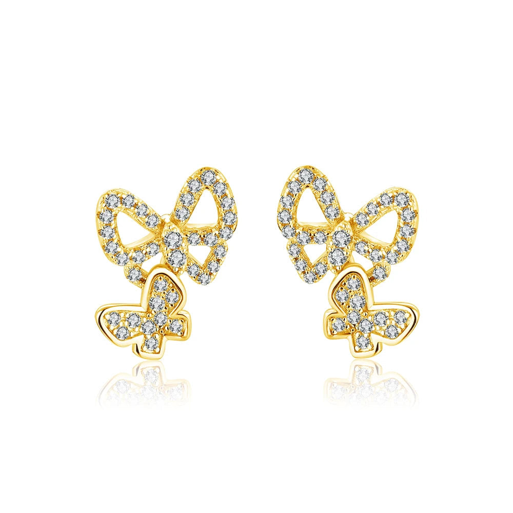 Double Butterfly Moissanite Stud Earrings in Sterling Silver - Gold-tone pair