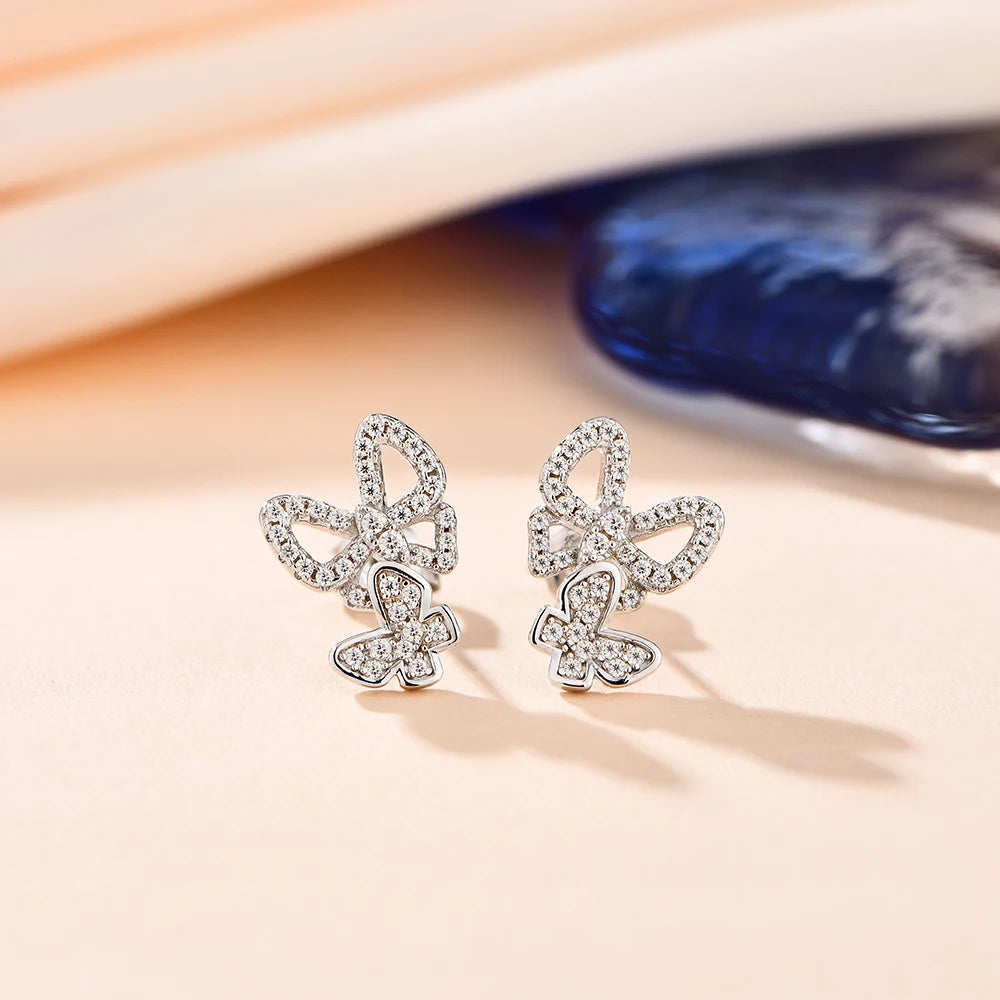 Double Butterfly Moissanite Stud Earrings in Sterling Silver - Butterfly studs close-up
