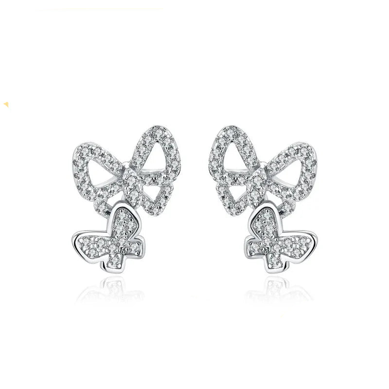 Double Butterfly Moissanite Stud Earrings in Sterling Silver - Silver double butterfly pair
