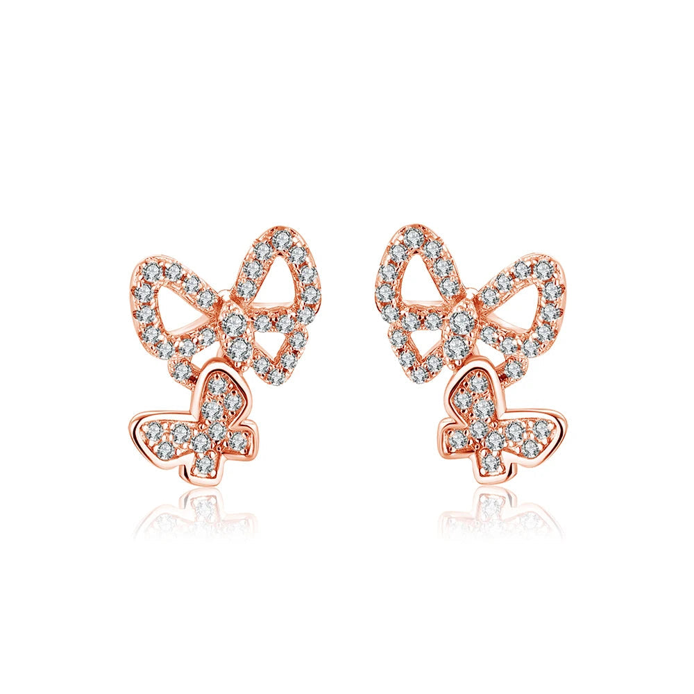 Double Butterfly Moissanite Stud Earrings in Sterling Silver - Rose gold-tone pair