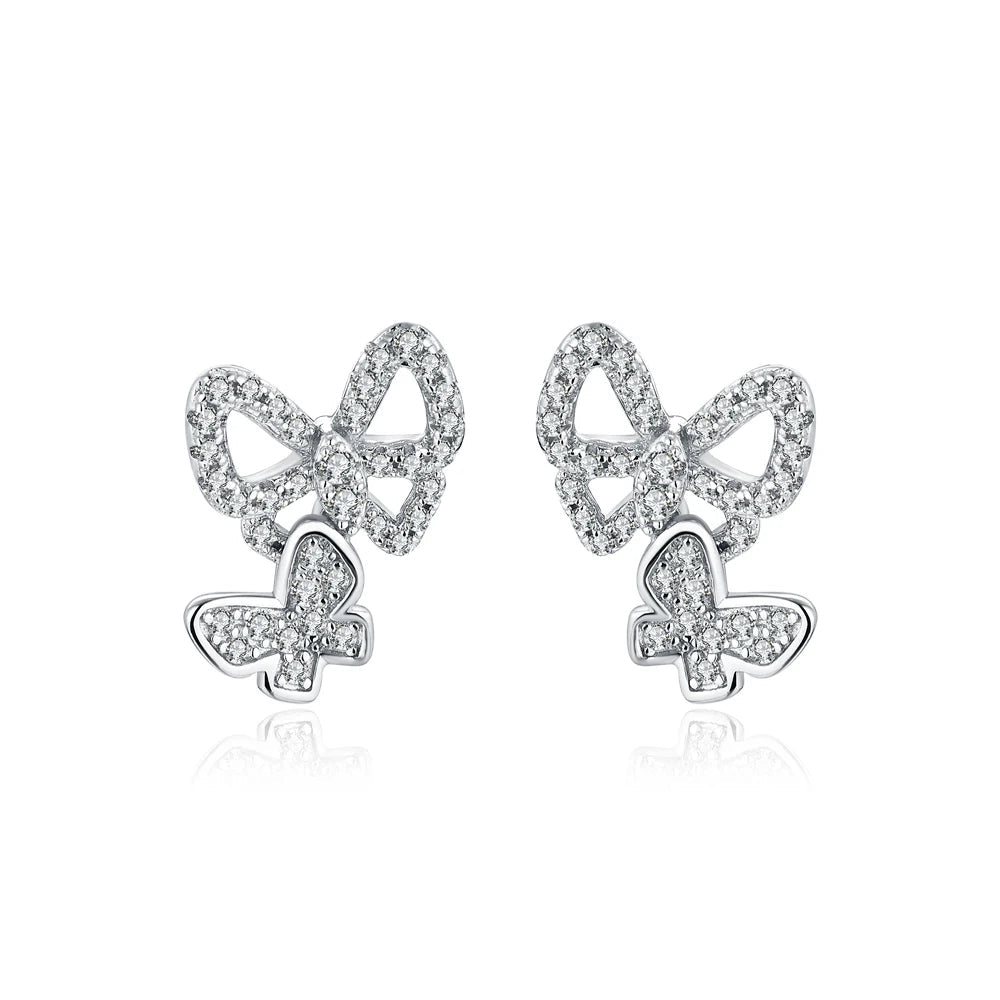 Double Butterfly Moissanite Stud Earrings in Sterling Silver - Silver pair