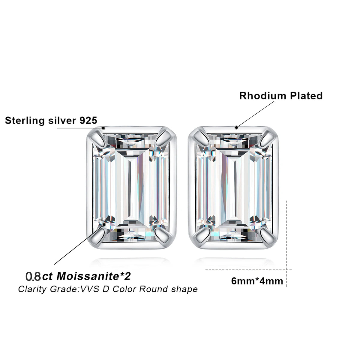 Emerald-Cut Moissanite Stud Earrings in Sterling Silver - Stone dimensions and setting