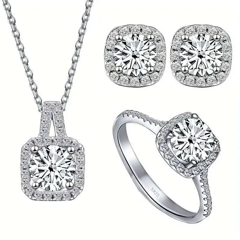 Cushion Halo Moissanite Ring, Stud Earrings & Necklace Set — White cushion halo ring, studs and necklace