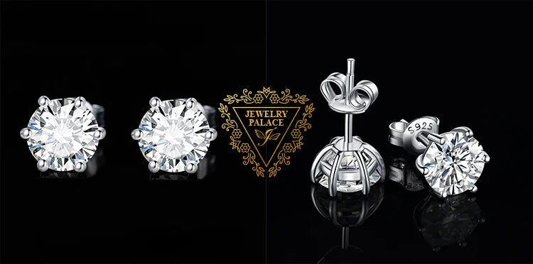 Round Moissanite Solitaire Stud Earrings in Three Metal Finishes — Front and post detail