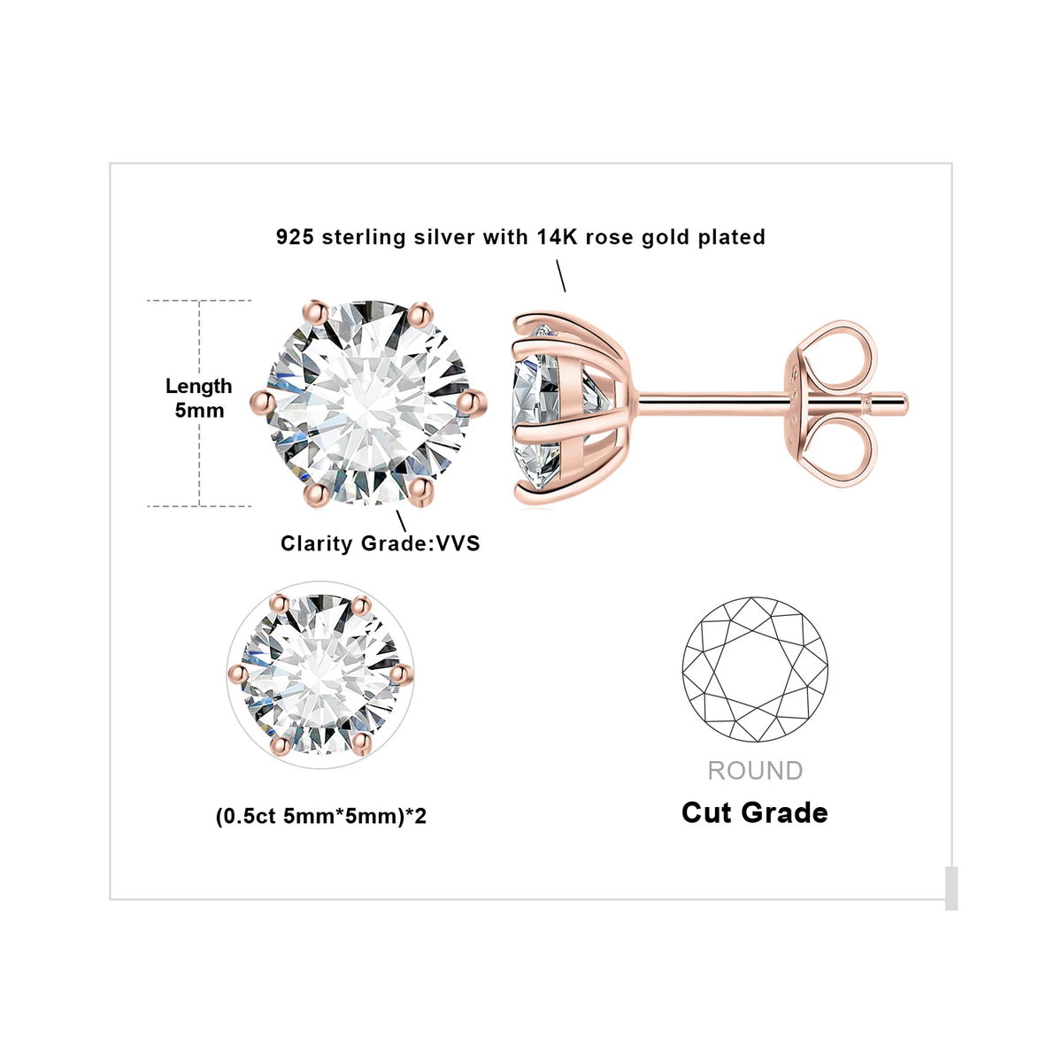 Round Moissanite Solitaire Stud Earrings in Three Metal Finishes — Rose gold-tone small-stone diagram