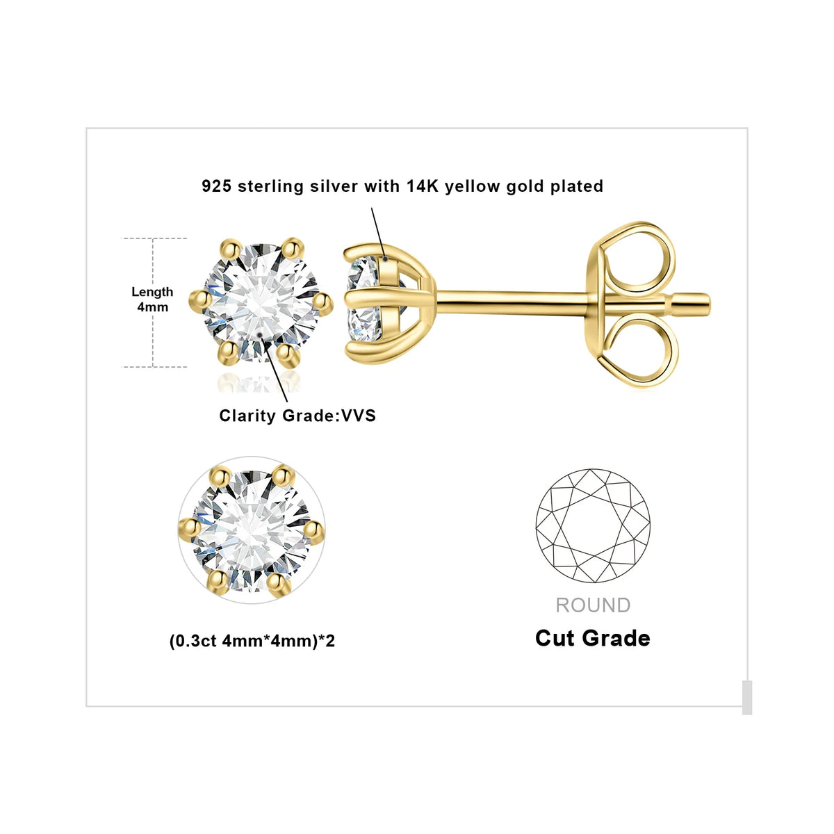 Round Moissanite Solitaire Stud Earrings in Three Metal Finishes — Gold-tone smallest-stone diagram