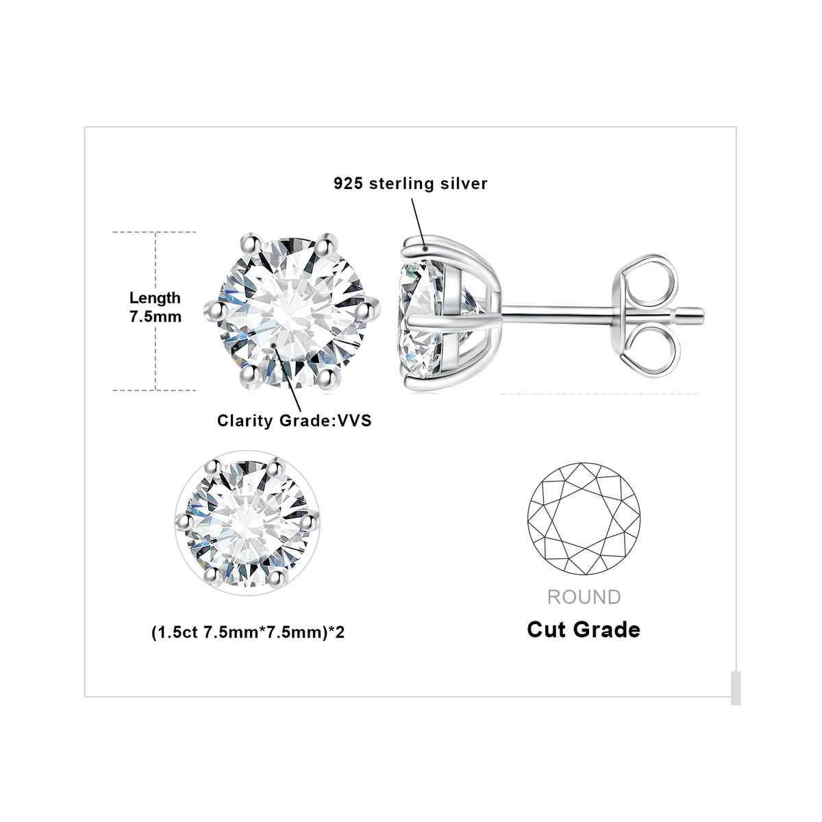 Round Moissanite Solitaire Stud Earrings in Three Metal Finishes — Silver size diagram