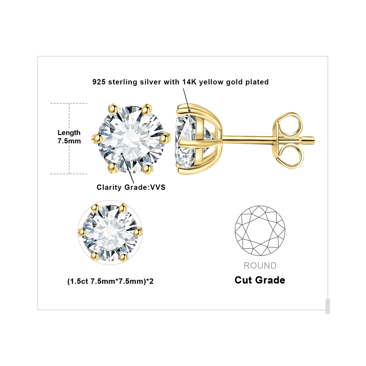 Round Moissanite Solitaire Stud Earrings in Three Metal Finishes — Gold-tone medium-stone diagram
