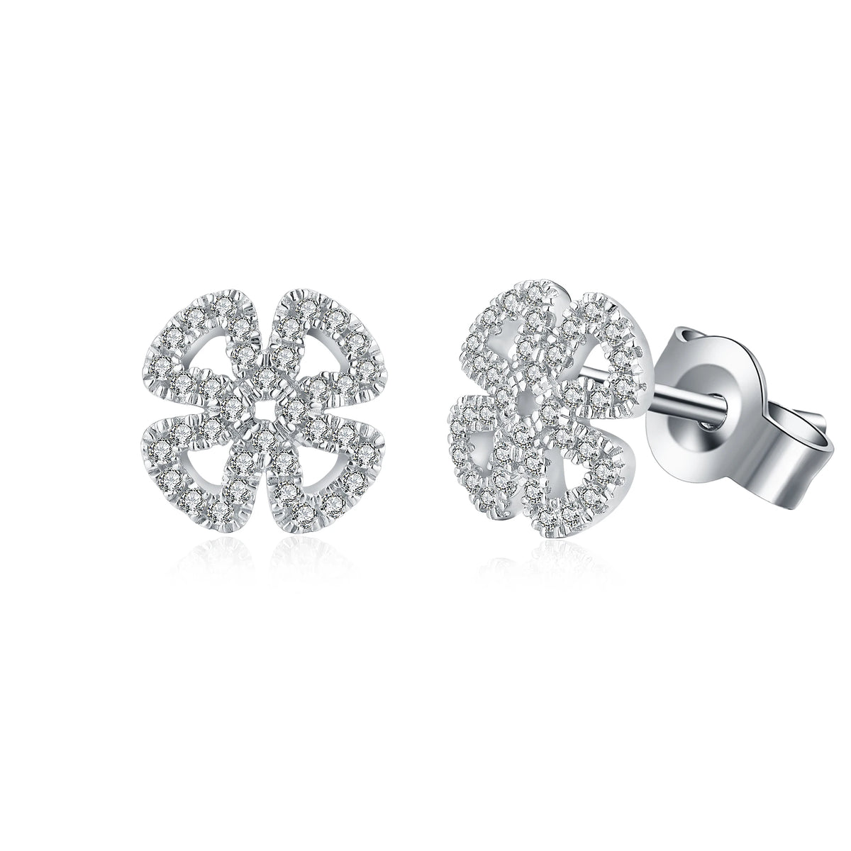 Open Flower Moissanite Stud Earrings in Sterling Silver — Silver finish