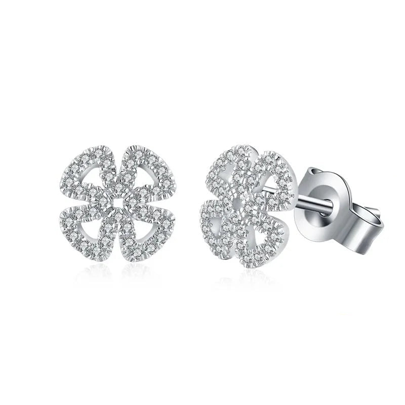 Open Flower Moissanite Stud Earrings in Sterling Silver — Silver open flower studs