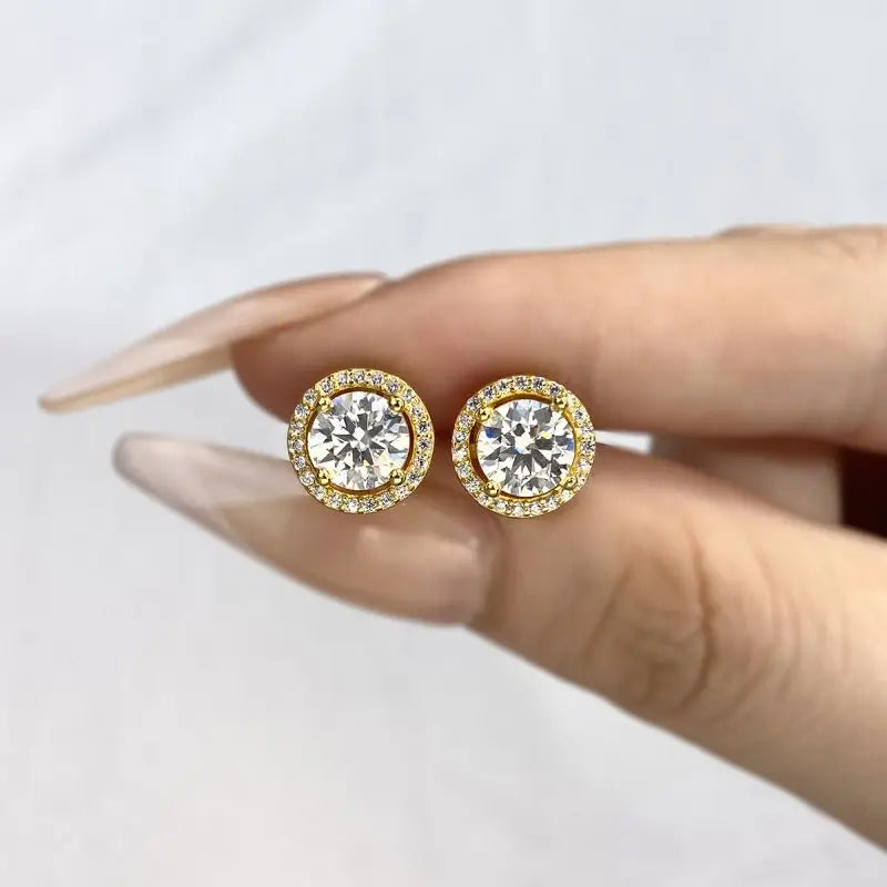 Round Halo Moissanite Stud Earrings in 925 Sterling Silver — Gold-tone finish