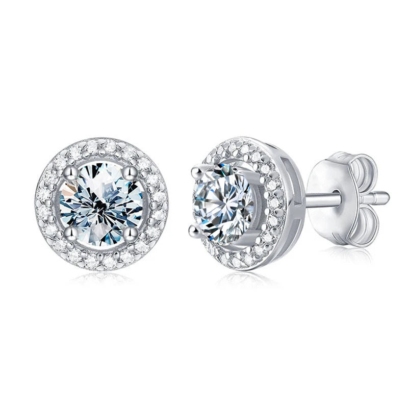 Round Halo Moissanite Stud Earrings in 925 Sterling Silver — Post and back detail