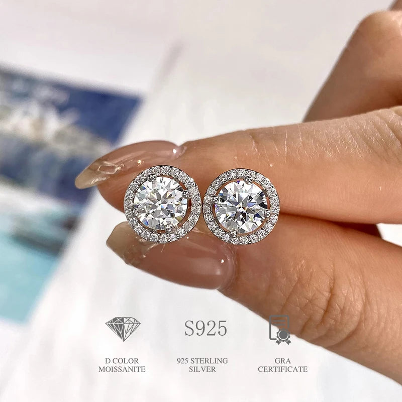 Round Halo Moissanite Stud Earrings in 925 Sterling Silver — Silver pair on hand