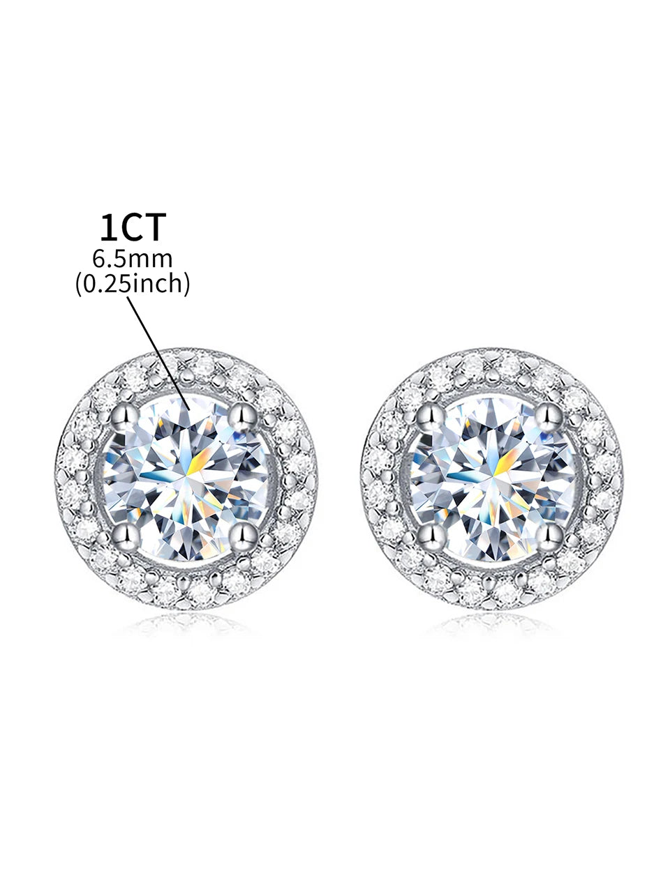 Round Halo Moissanite Stud Earrings in 925 Sterling Silver — Larger center-stone size guide