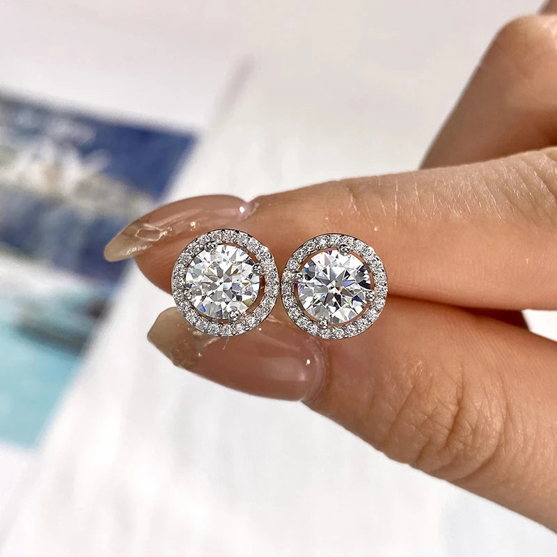 Round Halo Moissanite Stud Earrings in 925 Sterling Silver — Silver finish