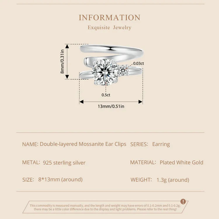 Double-Row Moissanite Ear Cuff in 925 Sterling Silver — 13 by 8 mm dimensions