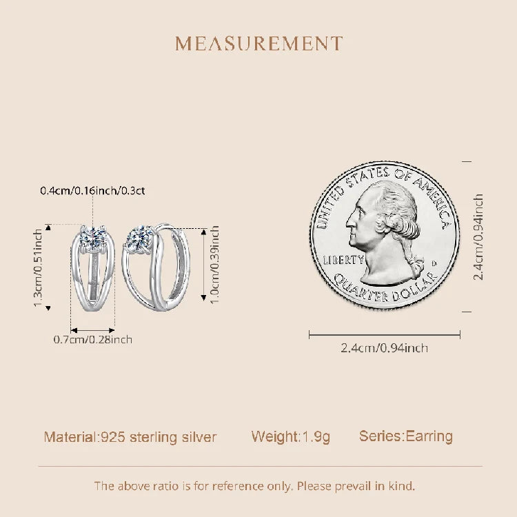 Double-Row Moissanite Huggie Hoop Earrings in Silver — Size and coin comparison