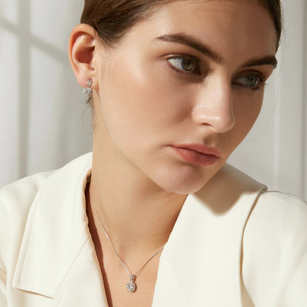 Moissanite Round Halo Drop Earrings in Sterling Silver — Halo drops worn on ear — BandsCo Straps