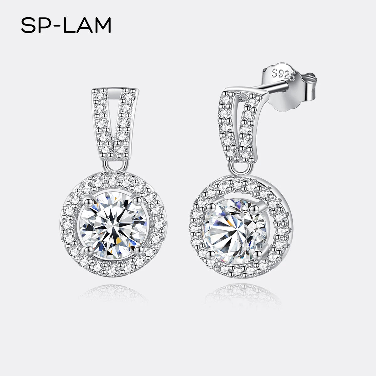 Moissanite Round Halo Drop Earrings in Sterling Silver — Post and butterfly back view — BandsCo Straps