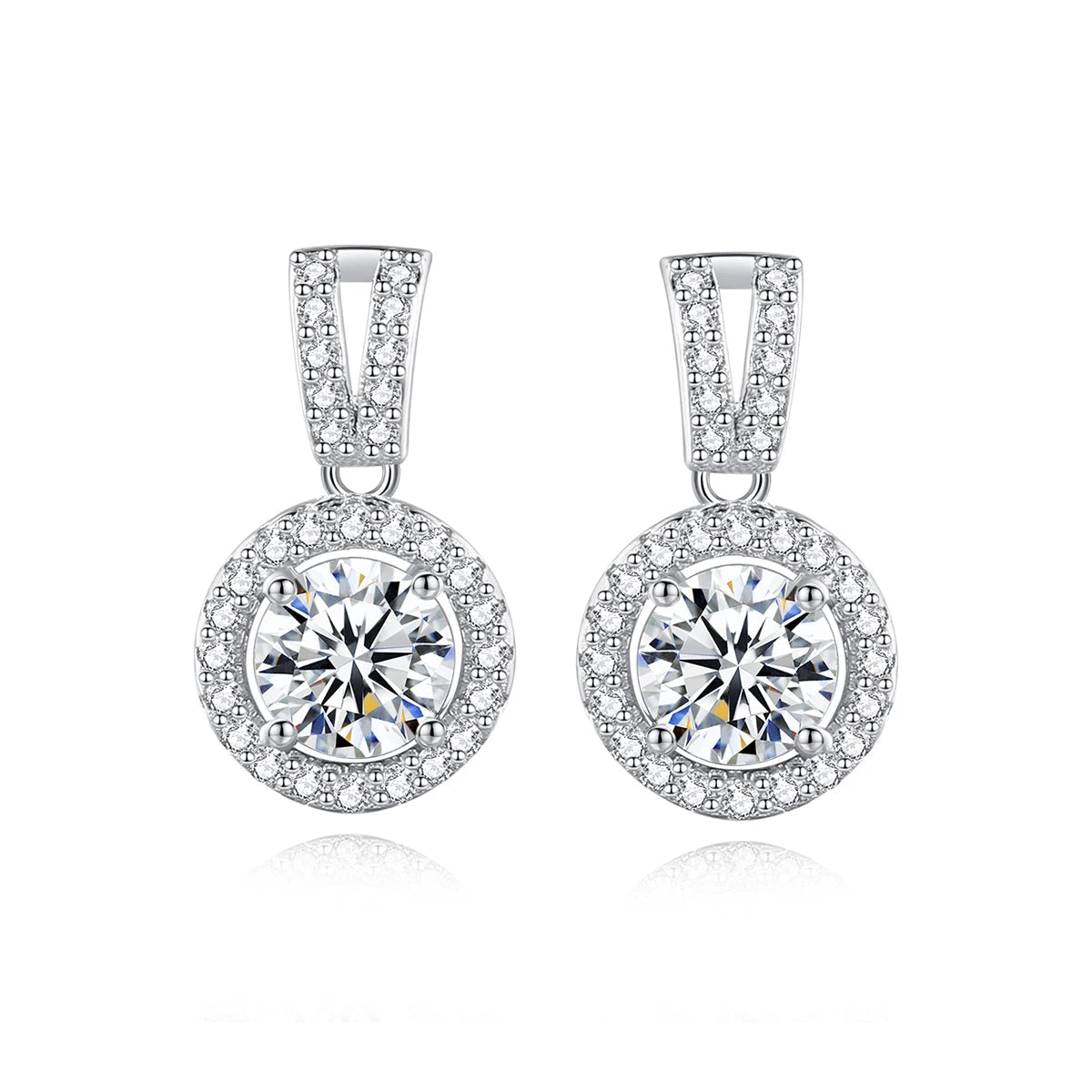 Moissanite Round Halo Drop Earrings in Sterling Silver — Round halo drop earrings — BandsCo Straps
