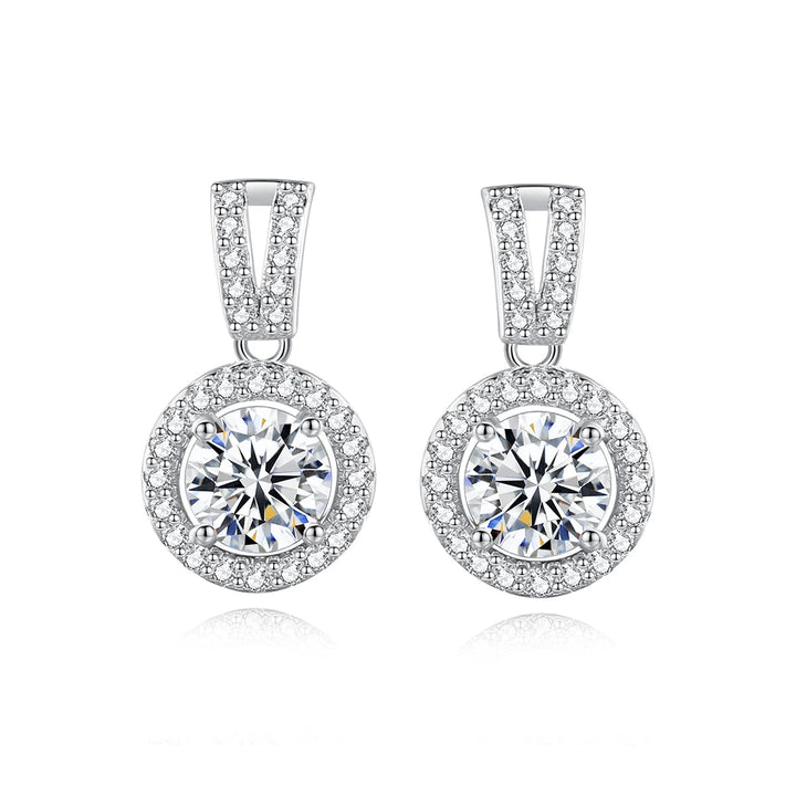 Moissanite Round Halo Drop Earrings in Sterling Silver