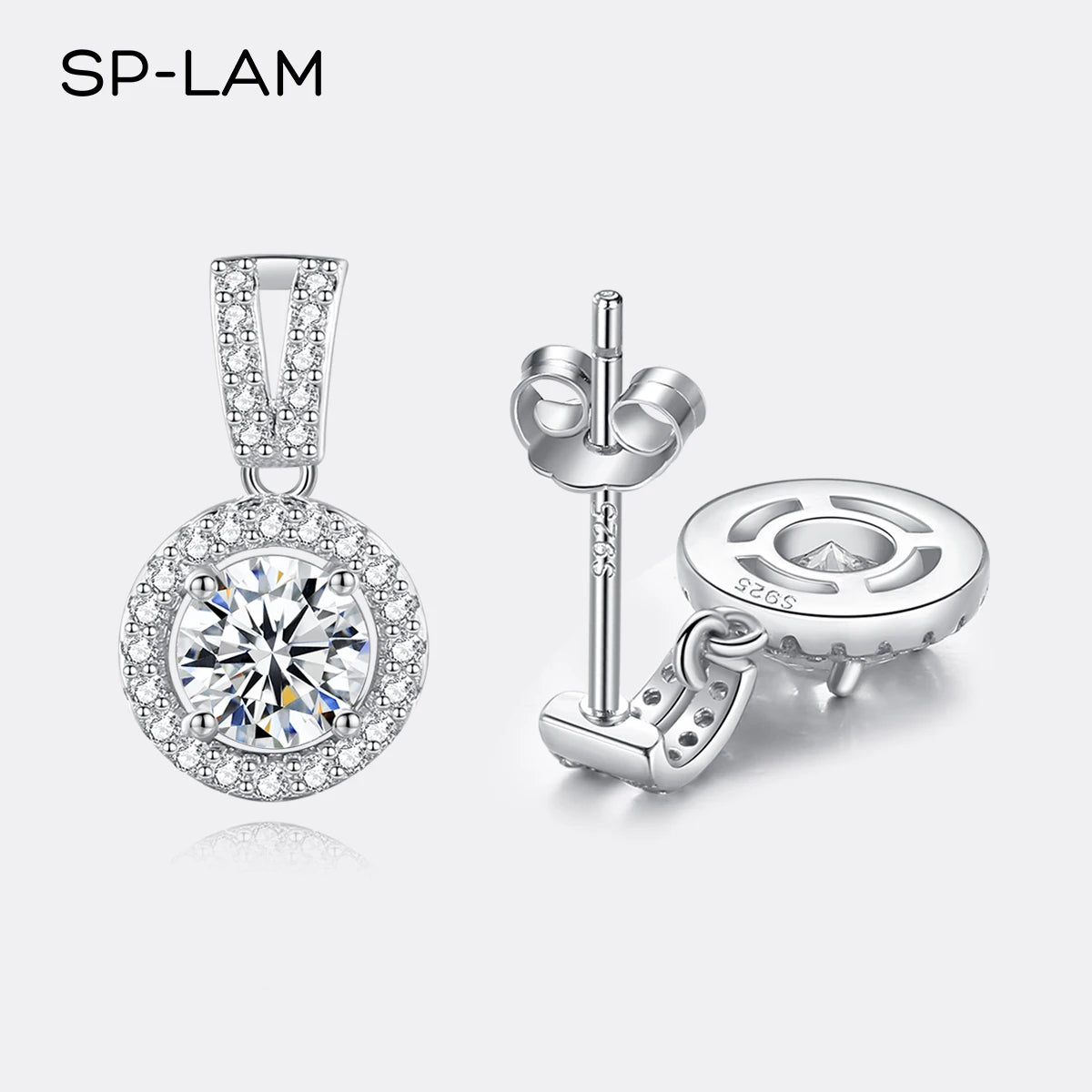Moissanite Round Halo Drop Earrings in Sterling Silver — Front and back of halo drops — BandsCo Straps
