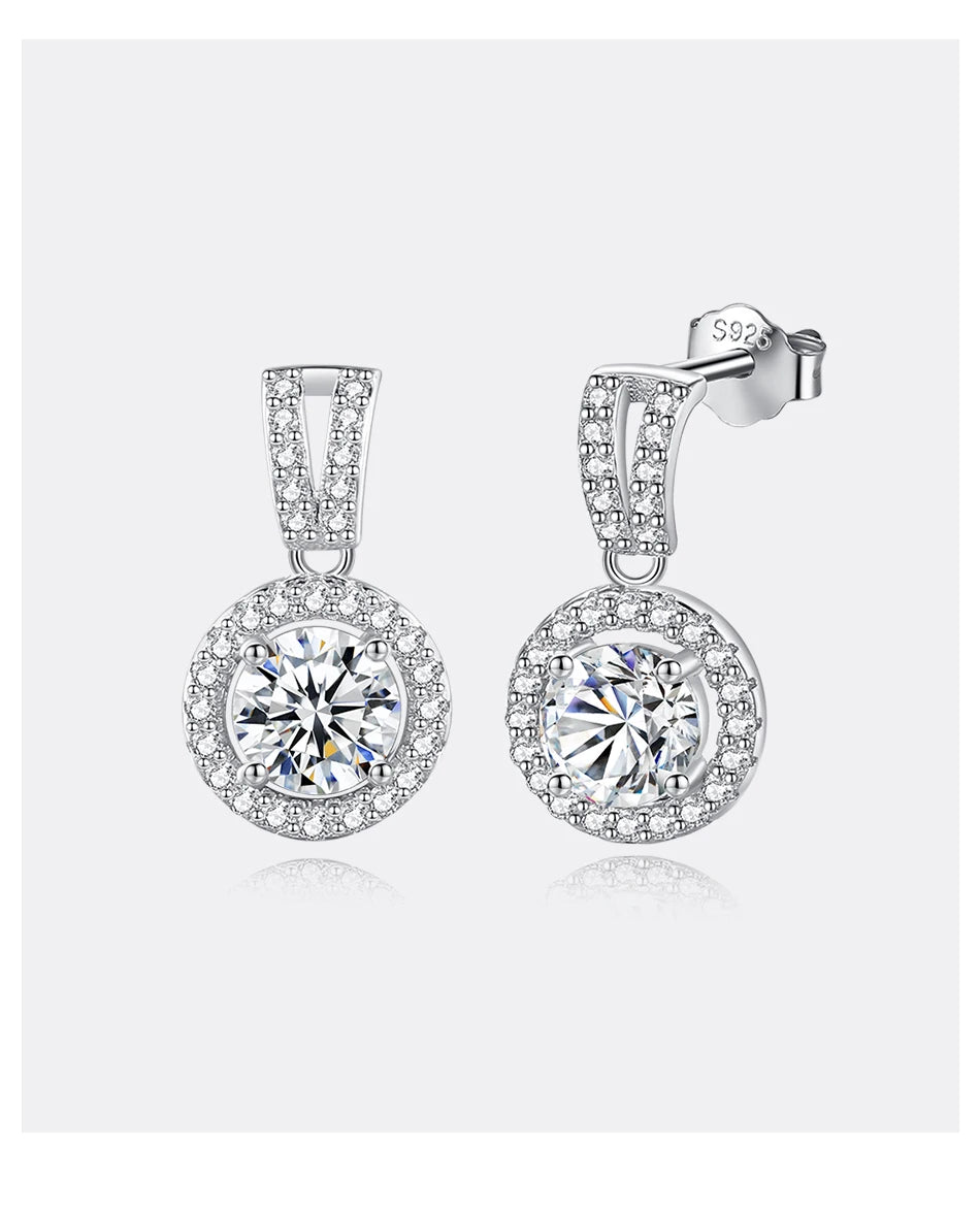 Moissanite Round Halo Drop Earrings in Sterling Silver — Halo drops angled view — BandsCo Straps