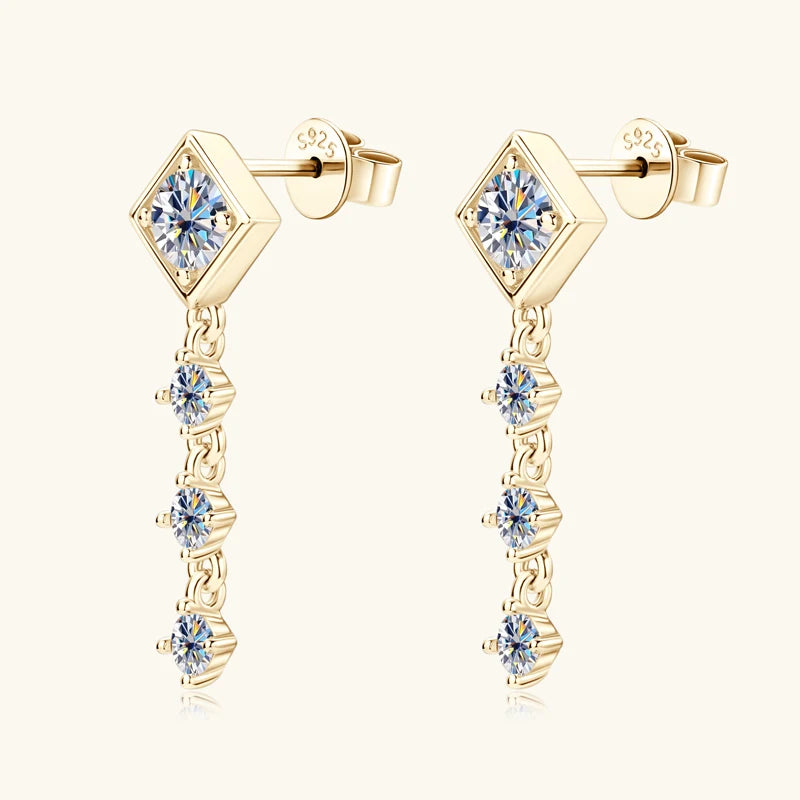 Geometric Moissanite Chain Drop Earrings in Sterling Silver — Gold-Tone pair