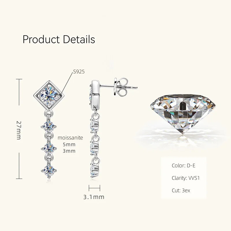 Geometric Moissanite Chain Drop Earrings in Sterling Silver — Silver dimensions and stone sizes