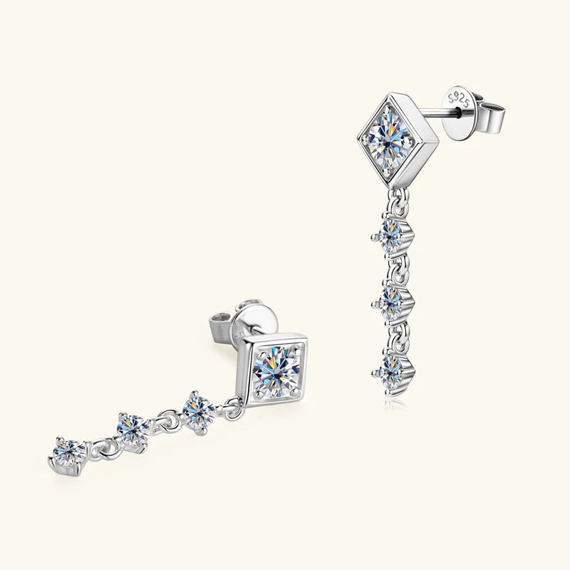 Geometric Moissanite Chain Drop Earrings in Sterling Silver — Silver pair, angled view