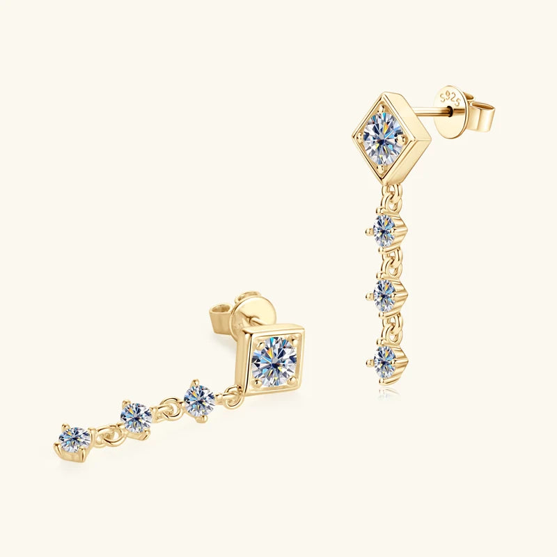 Geometric Moissanite Chain Drop Earrings in Sterling Silver — Gold-Tone articulated accents