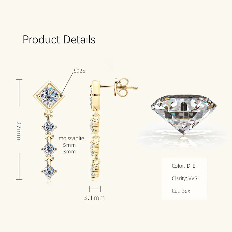 Geometric Moissanite Chain Drop Earrings in Sterling Silver — Gold-Tone dimensions and stone sizes