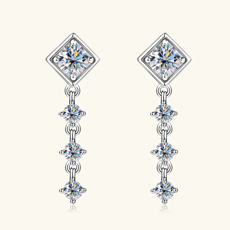 Geometric Moissanite Chain Drop Earrings in Sterling Silver — Silver finish